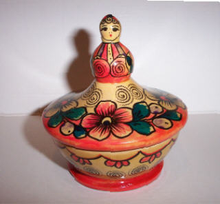 AC16. Unique Polkhov Jar with Doll Lid 4.5"