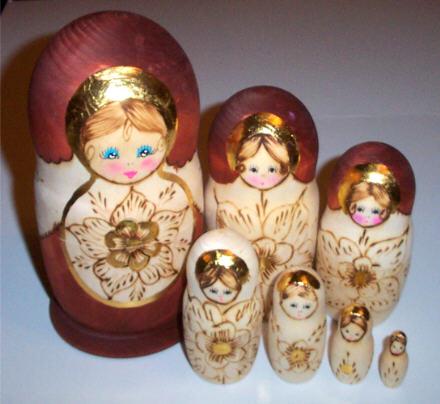 AU01. Bogorodsk style Nesting dolls 8", 7n (Bosnia?)