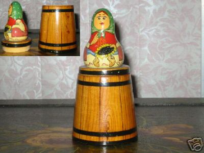 AV42. Vintage Russian Nesting Doll on Barrel 4"